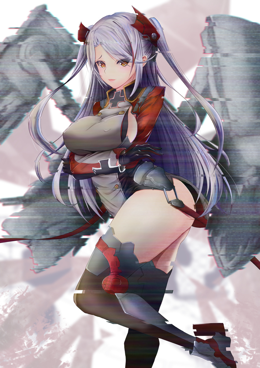 absurdres azur_lane bangs black_gloves blush boots breasts eyebrows_visible_through_hair gloves grey_hair highres hips large_breasts lips long_hair looking_at_viewer multicolored_hair parted_lips prinz_eugen_(azur_lane) sideboob sidelocks solo spekkio36 thighhighs two-tone_hair two_side_up