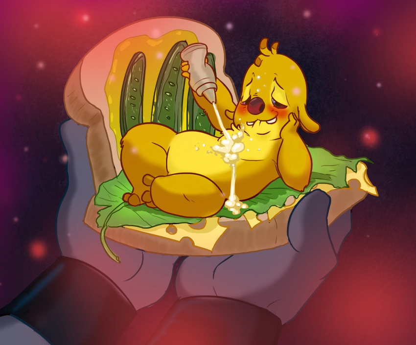 2018 4_fingers alien antennae arm_support black_eyes blush bottle buckteeth cheese chest_tuft digital_drawing_(artwork) digital_media_(artwork) dipstick_antennae disney draw_me_like_one_of_your_french_girls experiment_(species) food fur gantu gold_fur holding_character holding_food holding_object innuendo lilo_and_stitch mayonnaise pickle raised_inner_eyebrows red_nose reuben sandwich_(food) simple_background slightly_chubby suggestive suggestive_food teeth thewanderingghost tuft