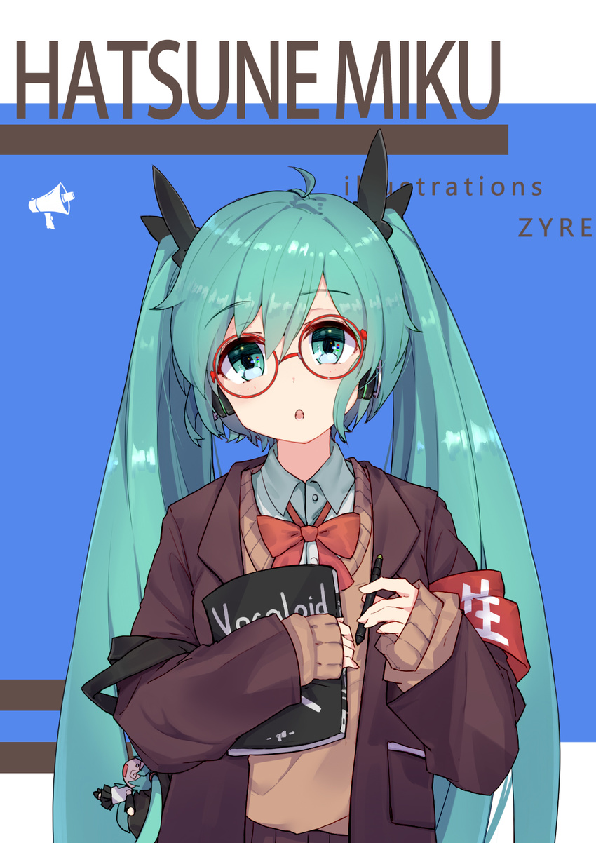 armband artist_name black_jacket black_ribbon blue_eyes blue_hair book brown_sweater character_doll character_name copyright_name eyebrows_visible_through_hair hair_between_eyes hair_ribbon hatsune_miku headphones highres holding holding_book holding_pen jacket long_hair open_clothes open_jacket open_mouth pen red-framed_eyewear ribbon solo sweater twintails very_long_hair vocaloid zhayin-san