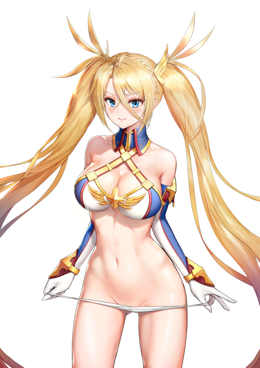 1girl absurdres bangs bare_shoulders bikini bikini_tug blonde_hair blue_eyes blush bradamante_(fate/grand_order) braid breasts cleavage collarbone criss-cross_halter elbow_gloves eyebrows_visible_through_hair fate/grand_order fate_(series) french_braid gloves greem_bang groin hair_between_eyes hair_oranment halterneck highres large_breasts long_hair looking_at_viewer navel parted_lips sidelocks simple_background smile solo stomach swimsuit thigh_strap thighs toned twintails very_long_hair white_background white_bikini