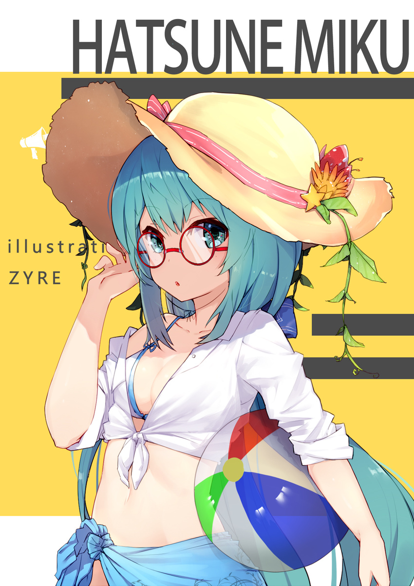 artist_name ball beachball blue_eyes blue_hair blue_ribbon breasts character_name cleavage dress_shirt eyebrows_visible_through_hair hair_between_eyes hair_ribbon hat hat_ribbon hatsune_miku highres holding holding_ball long_hair looking_at_viewer midriff navel open_clothes open_shirt pink_ribbon ponytail red-framed_eyewear ribbon sarong shirt small_breasts solo standing stomach straw_hat tied_shirt transparent upper_body very_long_hair vocaloid white_bikini_top white_shirt yellow_hat zhayin-san