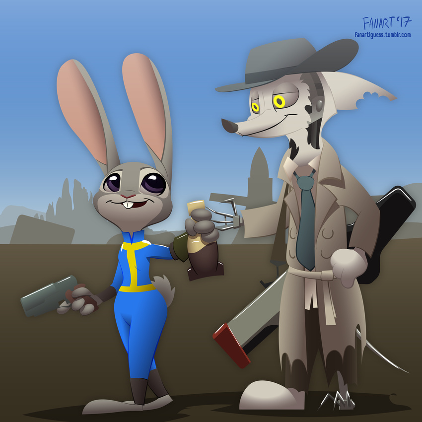2017 android anthro barefoot belt bottle buckteeth canine clothed clothing crossover disney duo exposed_endoskeleton fallout fanartiguess female fox gun handgun hat holding_object holding_weapon judy_hopps lagomorph laser_gun machine male mammal necktie nick_valentine nick_wilde outside pistol purple_eyes rabbit ranged_weapon robot signature smile standing teeth trenchcoat url video_games weapon yellow_eyes zootopia