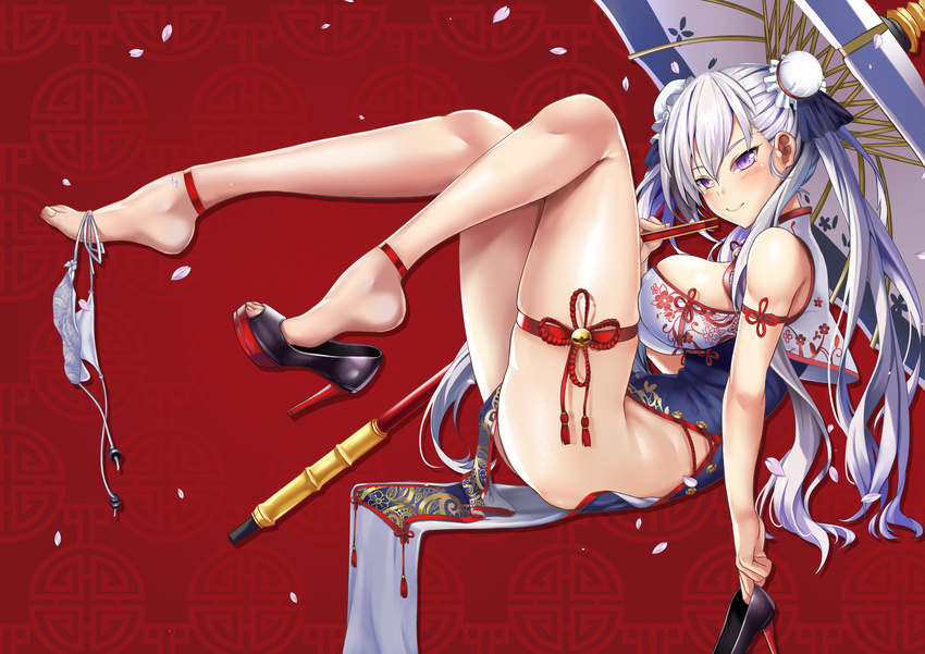 alternate_costume alternate_hairstyle anklet azur_lane bangs belfast_(azur_lane) breasts bun_cover china_dress chinese_clothes commentary_request double_bun dress from_side full_body hasaya highres jewelry large_breasts leaning_back long_hair looking_at_viewer oriental_umbrella outstretched_arm panties panties_around_one_leg purple_eyes purple_panties reclining shoes_removed side-tie_panties side_slit sitting smile solo thigh_strap twintails umbrella underwear white_hair