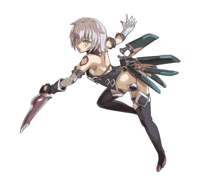 bandages bent_over black_footwear black_gloves black_shirt boots depo_(typebaby505) fate/apocrypha fate_(series) full_body gloves green_eyes hair_between_eyes highres holding holding_knife jack_the_ripper_(fate/apocrypha) knife looking_back outstretched_arms scabbard scar scar_across_eye sheath sheathed shirt short_hair silver_hair simple_background sleeveless sleeveless_shirt solo thigh_boots thighhighs white_background