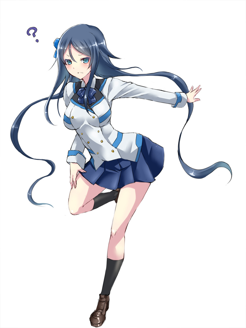 ? black_hair black_legwear blue_bow blue_eyes blue_neckwear blue_skirt blush bow bowtie brown_footwear full_body hair_between_eyes hair_bow highres leg_up long_hair looking_at_viewer low_twintails maron_(kagamikunn) miniskirt mother_(pso2) outstretched_arm phantasy_star phantasy_star_online_2 pleated_skirt shoes simple_background skirt solo standing standing_on_one_leg twintails very_long_hair white_background