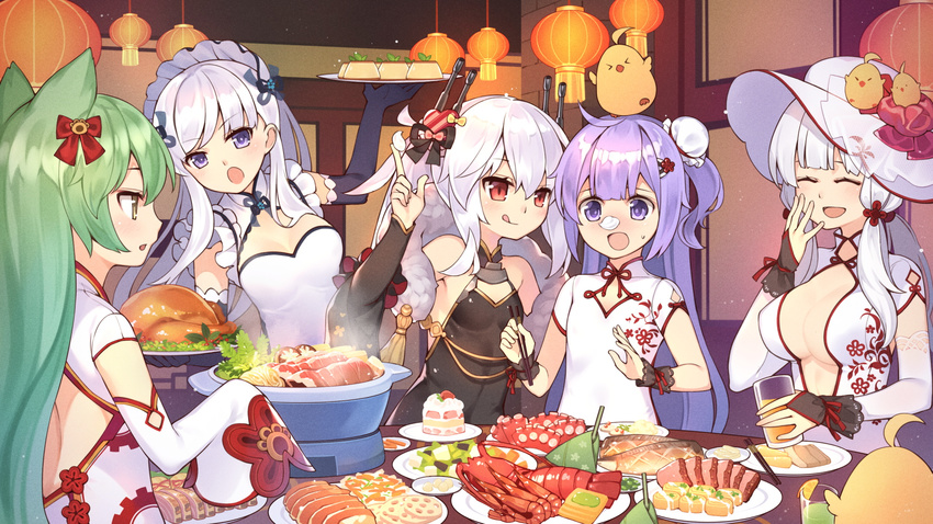 :d :q ^_^ ahoge akashi_(azur_lane) animal animal_ears animal_on_head arm_warmers azur_lane backless_dress backless_outfit bangs bare_shoulders belfast_(azur_lane) bird black_bow black_dress black_gloves blush bow breasts bun_cover cat_ears chick chick_on_head chopsticks cleavage closed_eyes closed_mouth commentary_request cream cream_on_face detached_sleeves dress elbow_gloves eyebrows_visible_through_hair food food_on_face food_request fur_collar gloves green_hair hair_between_eyes hair_bow hair_bun hair_ornament hair_ribbon hat heart heart_hair_ornament highres holding holding_chopsticks holding_plate illustrious_(azur_lane) indoors lantern large_breasts lobster long_hair long_sleeves low_ponytail meat multiple_girls nose_blush on_head one_side_up open_mouth paper_lantern pink_bow plate ponytail pudding purple_eyes purple_hair red_bow red_eyes ribbon short_sleeves side_bun sidelocks silver_hair sleeveless sleeveless_dress sleeves_past_fingers sleeves_past_wrists small_breasts smile sweat table tongue tongue_out tress_ribbon tsubasa_tsubasa turkey_(food) unicorn_(azur_lane) vampire_(azur_lane) very_long_hair white_dress white_hat wrist_cuffs yellow_bow yellow_eyes