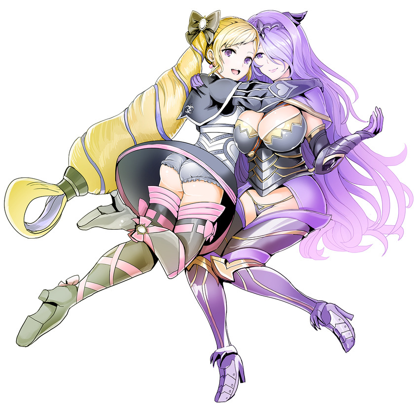 :d armor ass black_armor blonde_hair bloomers blush boots bow breasts camilla_(fire_emblem_if) cleavage dress earrings elise_(fire_emblem_if) eyebrows_visible_through_hair fire_emblem fire_emblem_heroes fire_emblem_if full_body gloves hair_bow hair_over_one_eye high_heel_boots high_heels highres hug jewelry large_breasts lips long_hair looking_at_viewer multiple_girls open_mouth purple_eyes purple_hair siblings simple_background sisters smile thigh_boots thighhighs tiara twintails underwear very_long_hair wavy_hair white_background yyillust