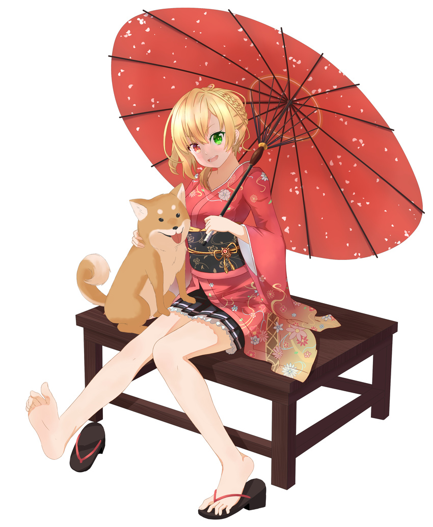 1girl barefoot blonde_hair braid charlotte_ferrier feet green_eyes heterochromia highres japanese_clothes long_hair looking_at_viewer open_mouth red_eyes shironeko_project shoes_removed single_shoe sitting soles toes umbrella