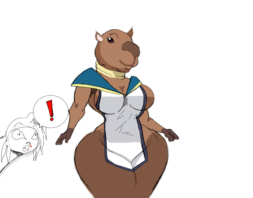 alien anthro big_breasts big_butt blood blush breasts butt capybara capybarian collar feline female looking_at_viewer looking_back mammal meow_(space_dandy) nipples nosebleed rear_view rodent side_boob solo space_dandy standing surprise thick_thighs unknown_artist voluptuous wide_hips