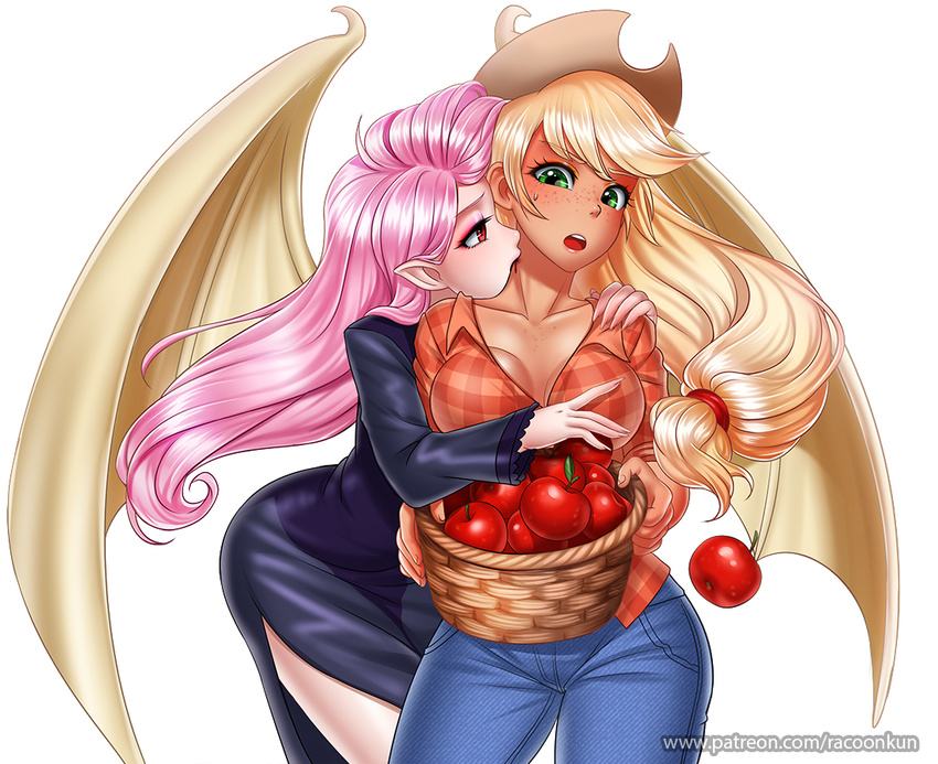 2017 apple applejack_(mlp) bat_wings big_breasts bite blonde_hair blood breasts clothed clothing cowboy_hat digital_media_(artwork) duo eyelashes female flutterbat_(mlp) fluttershy_(mlp) food freckles friendship_is_magic fruit fully_clothed green_eyes hair hand_on_breast hat human humanoid long_hair mammal membranous_wings my_little_pony neck_bite pink_hair pointy_ears racoon-kun red_eyes simple_background white_background winged_humanoid wings