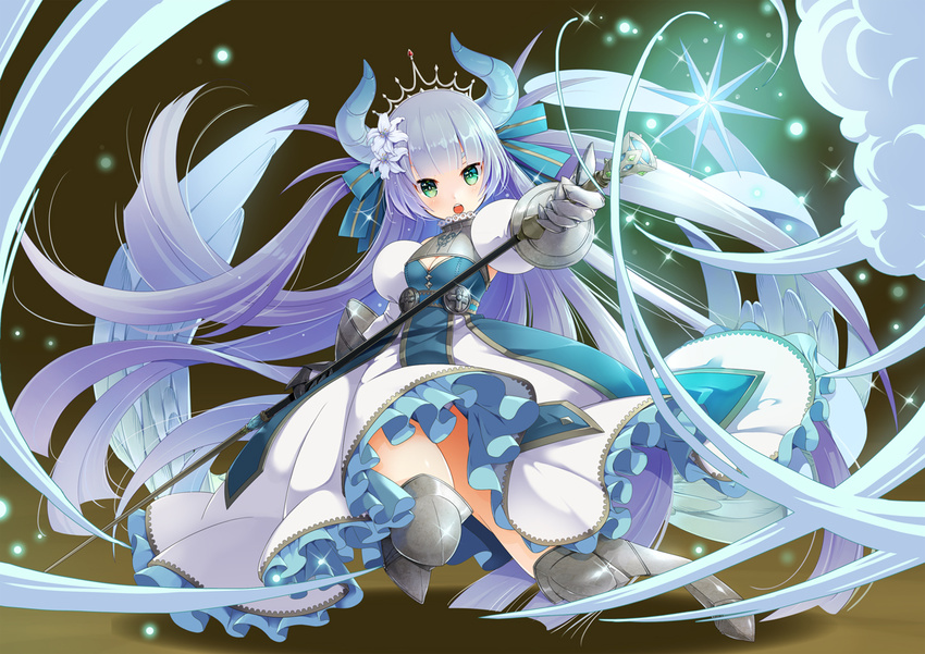 :o angel bad_id bad_pixiv_id blue_dress boots bow breasts brown_background cleavage crown dress flower gauntlets glint greaves green_eyes grey_legwear hair_bow hair_flower hair_ornament holding holding_staff horns long_hair original puffy_sleeves purple_hair sakura_(superbunnys) small_breasts staff two_side_up very_long_hair