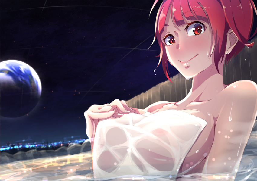 bangs blush breasts cityscape collarbone covered_nipples exer-machina_-the_steel_resonance- eyebrows_visible_through_hair fence hand_on_own_chest large_breasts looking_at_viewer naked_towel night nose_blush onsen original partially_submerged planet red_eyes red_hair sakusakusakurai short_hair smile solo towel upper_body water wet