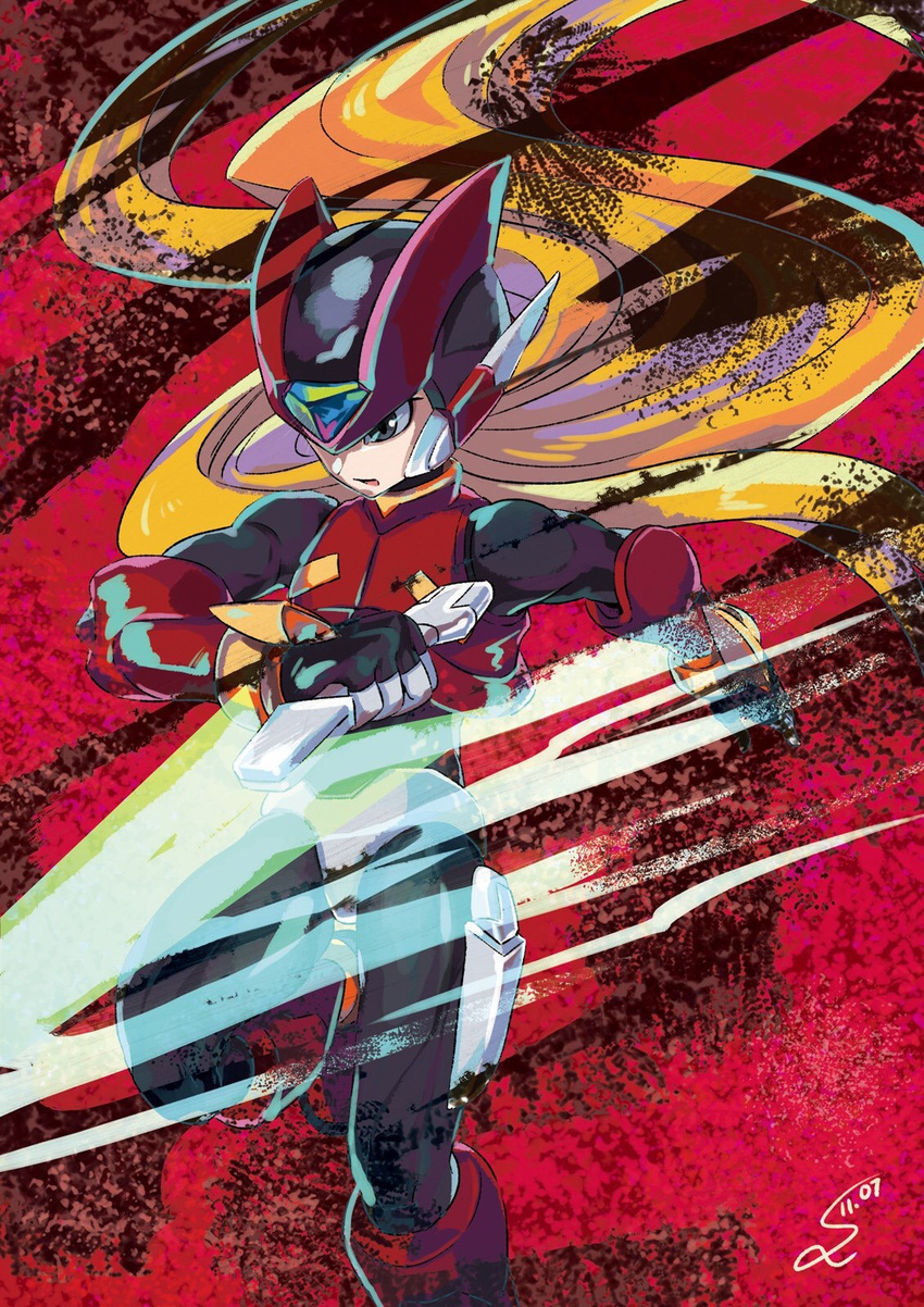 android beam_saber black_eyes blonde_hair bodystocking bodysuit dated energy_blade energy_sword helmet highres holding holding_weapon jumping leg_up long_hair looking_down male_focus rockman rockman_zero signature solo sumomo sword very_long_hair weapon zero_(rockman)