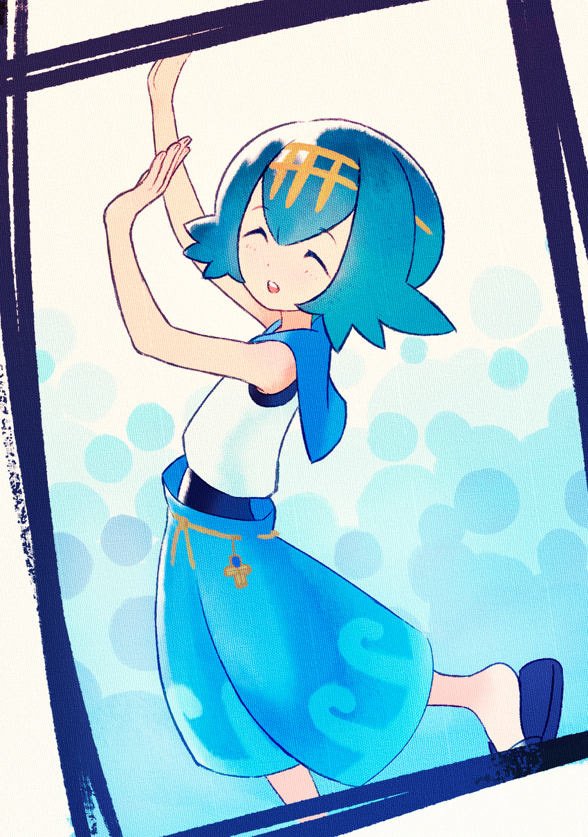 ^_^ arms_up bare_arms bare_shoulders black_swimsuit blue_footwear blue_hair blue_pants blue_sailor_collar closed_eyes eyebrows eyebrows_visible_through_hair fingernails flat_chest hairband highres leg_up one-piece_swimsuit open_mouth pants pokemon pokemon_(game) pokemon_sm pose reiesu_(reis) ribbon-trimmed_clothes ribbon-trimmed_pants ribbon_trim sailor_collar sandals shirt short_hair sleeveless sleeveless_shirt solo standing standing_on_one_leg suiren_(pokemon) swimsuit swimsuit_under_clothes teeth trial_captain white_shirt yellow_hairband z-crystal z-move