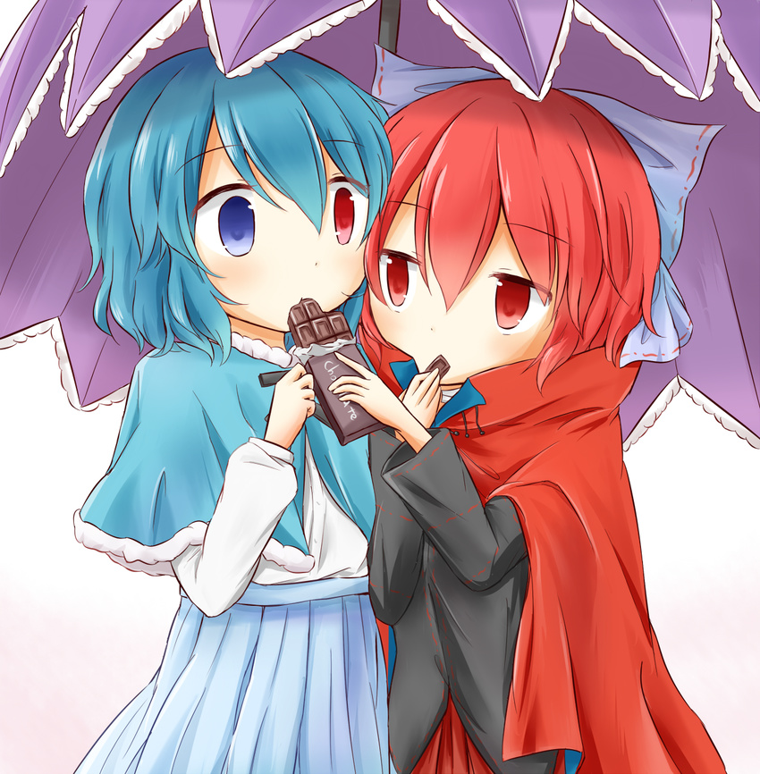 black_shirt blue_capelet blue_eyes blue_hair blue_skirt bow cape capelet chocolate_bar feeding fur-trimmed_capelet fur_trim hair_bow head_to_head heterochromia highres long_sleeves looking_at_another multiple_girls pleated_skirt puchimirin red_cape red_eyes red_hair red_skirt sekibanki shirt short_hair simple_background skirt tatara_kogasa touhou umbrella untucked_shirt white_background white_shirt