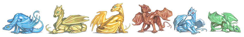 ambiguous_gender baby blue_scales brown_scales child crouching dragon feral forked_tail green_eyes green_scales group kaiserflames looking_back lying membranous_wings red_eyes scales scalie side_view simple_background sitting standing western_dragon white_background wing_claws wings yellow_eyes yellow_scales young