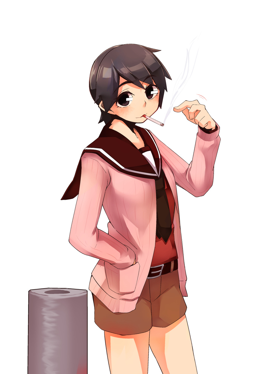 1girl :3 belt black_hair cigarette female hand_in_pocket kantai_collection mogami_(kantai_collection) sailor_collar short_hair shorts simple_background smoking solo white_background zhui