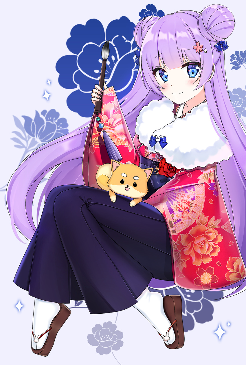 2018 animal black_skirt blue_background blue_bow blue_eyes blush bow brown_footwear calligraphy_brush chinese_zodiac closed_mouth commentary dog double_bun fingernails floral_print flower fur_collar hair_bow hair_ornament highres holding holding_paintbrush japanese_clothes kimono long_sleeves looking_at_viewer mamel_27 nail_polish obi original paintbrush pink_nails pleated_skirt print_kimono red_flower red_kimono red_rose rose sash side_bun sidelocks sitting skirt sleeves_past_wrists smile socks solo sparkle tabi white_legwear wide_sleeves year_of_the_dog zouri