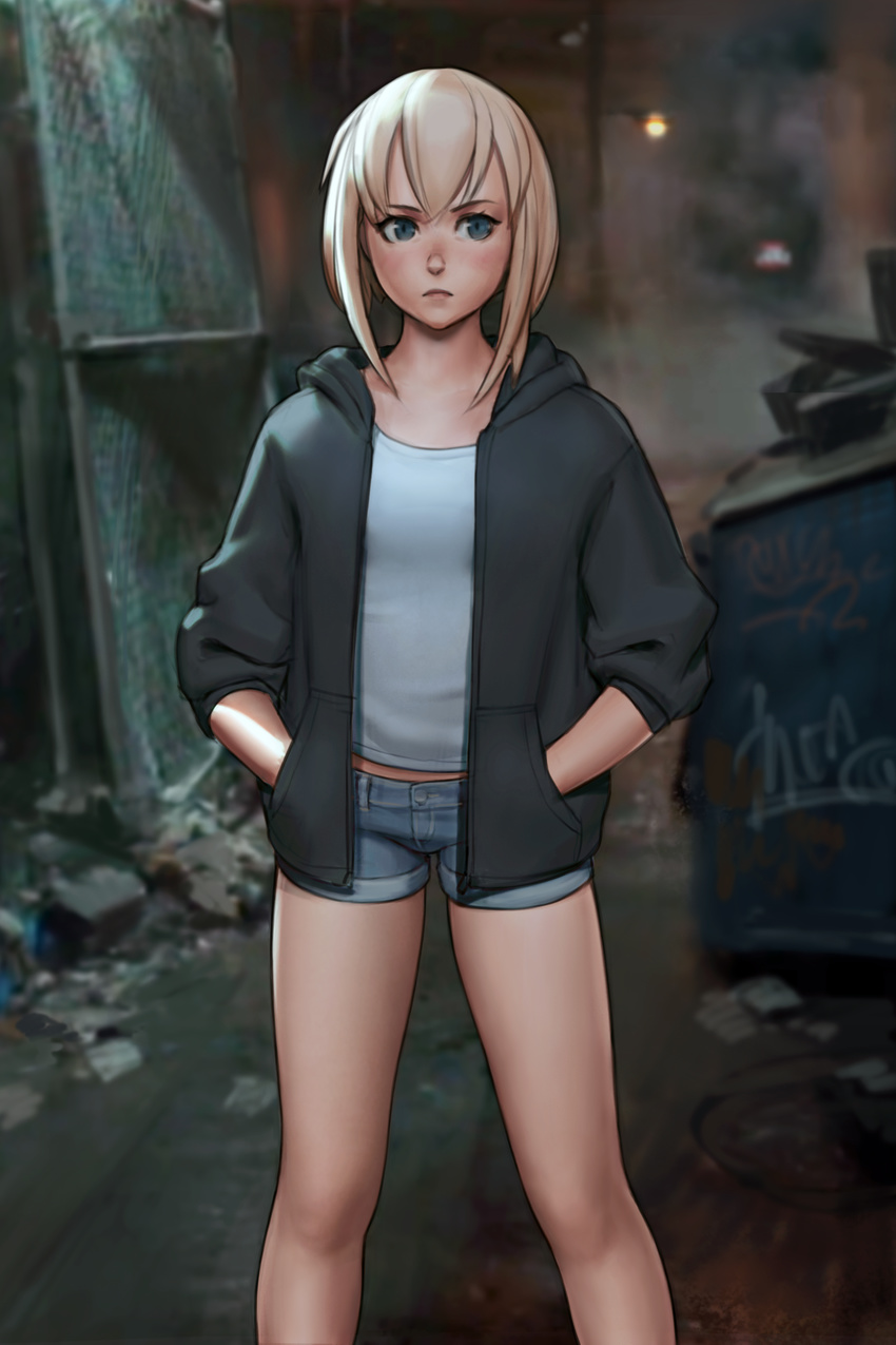 absurdres alley blue_eyes borrowed_character commentary denim denim_shorts flat_chest hands_in_pockets highres hood hoodie huge_filesize jeff_macanoli original platinum_blonde_hair short_hair_with_long_locks short_shorts shorts sidelocks solo tomboy