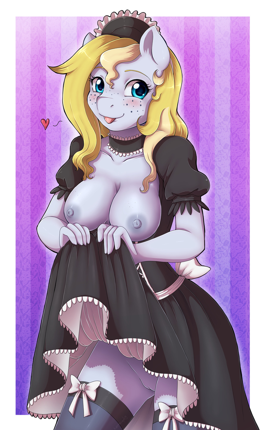 &lt;3 2017 anthro areola barely_visible_genitalia blep blonde_hair blush border bottomless bow breasts clothed clothing clothing_lift cute earth_pony equine erect_nipples evomanaphy exposed_breasts eyebrows eyelashes fan_character female freckles hair hi_res horse legwear looking_at_viewer maid_uniform mammal my_little_pony nipples pattern_background pony portrait presenting presenting_pussy purple_background pussy shadow signature simple_background skirt skirt_lift smile solo standing stockings striped_background subtle_pussy teal_eyes thigh_highs three-quarter_portrait tongue tongue_out uniform white_border