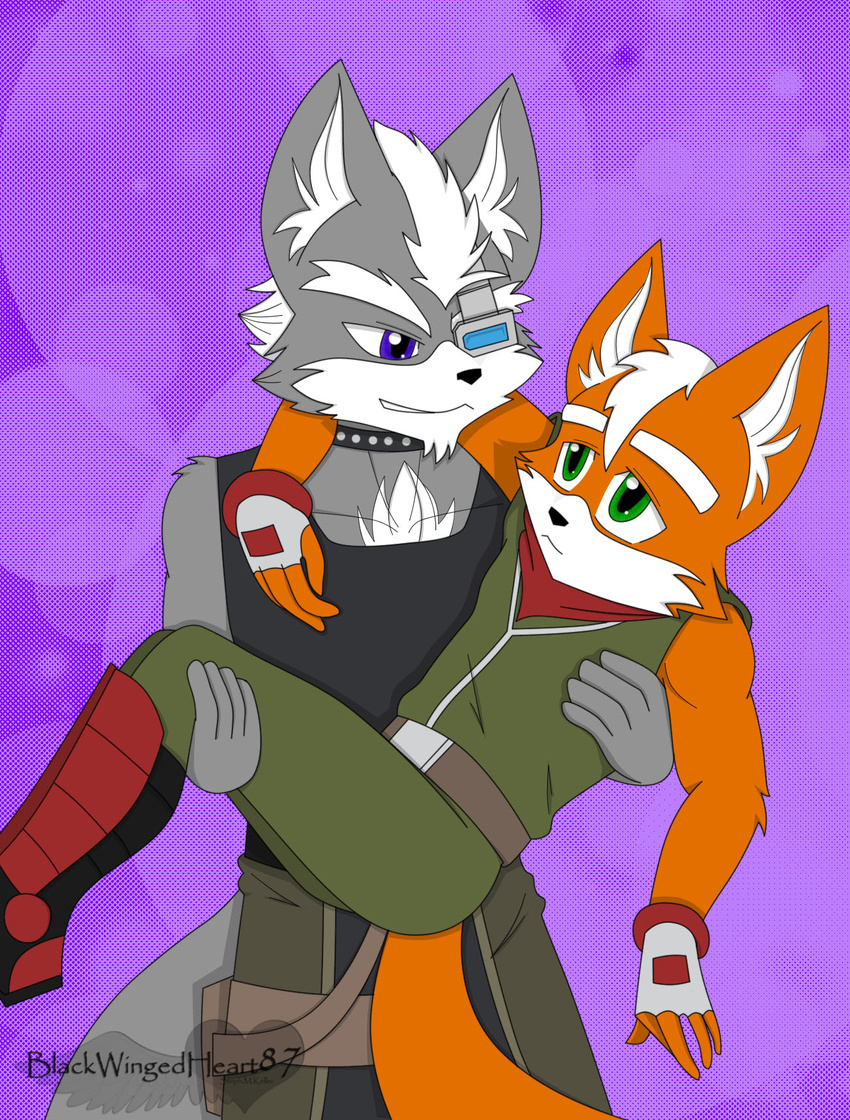 5_fingers anthro blackwingedheart87 canine chest_tuft clothed clothing duo fox fox_mccloud fully_clothed fur grey_fur grin hair holding_(disambiguation) male male/male mammal nintendo orange_fur simple_background smile star_fox tuft video_games wolf wolf_o'donnell
