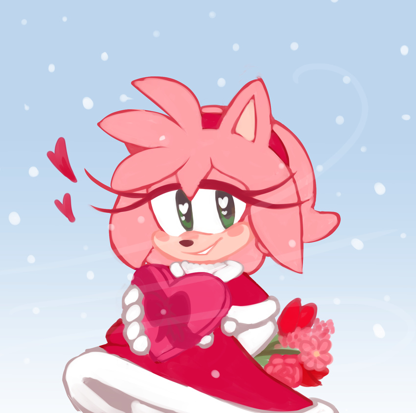 &lt;3 2018 amy_rose anthro black_nose blush clothing female flower gift green_eyes hair hairband hedgehog hi_res holidays mammal pink_hair plant short_hair smile snow solo sonic_(series) sp-rings valentine's_day video_games
