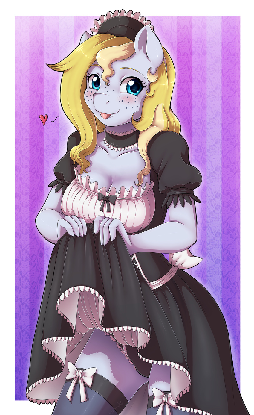 &lt;3 2017 anthro blep blonde_hair blush border bow breasts cleavage clothed clothing clothing_lift cute earth_pony equine evomanaphy eyebrows eyelashes fan_character female freckles fully_clothed hair hi_res horse legwear looking_at_viewer maid_uniform mammal my_little_pony panties pattern_background pony portrait purple_background shadow signature simple_background skirt skirt_lift smile solo standing stockings striped_background teal_eyes thigh_highs three-quarter_portrait tongue tongue_out underwear uniform white_border