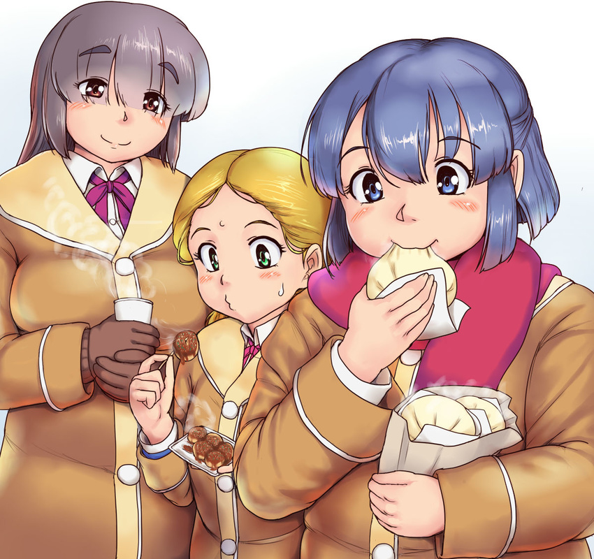 bag bangs baozi blonde_hair blowing blue_hair blush breasts brown_coat brown_hair closed_mouth coat collared_shirt cup dress_shirt eating eyebrows_visible_through_hair eyes_visible_through_hair fat_step-sister_(orizen) food green_hair hair_between_eyes hair_over_eyes half_updo head_tilt holding large_breasts long_sleeves looking_at_another multiple_girls neck_ribbon original orizen own_hands_together paper_bag parted_bangs puckered_lips purple_ribbon red_ribbon red_scarf ribbon scarf shirt short_hair steam takoyaki toothpick white_background white_shirt wing_collar