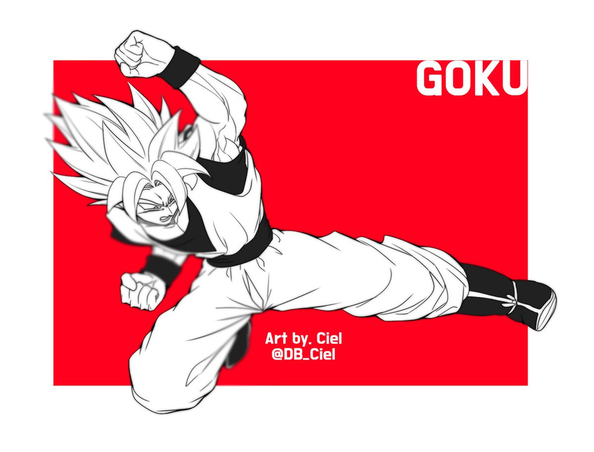 1boy artist_name boots character_name clenched_hands commentary dougi dragon_ball dragonball_z fighting_stance frame frown kicking looking_away male_focus monochrome outstretched_arms red_background serious simple_background son_gokuu spiked_hair twitter_username white_background wristband