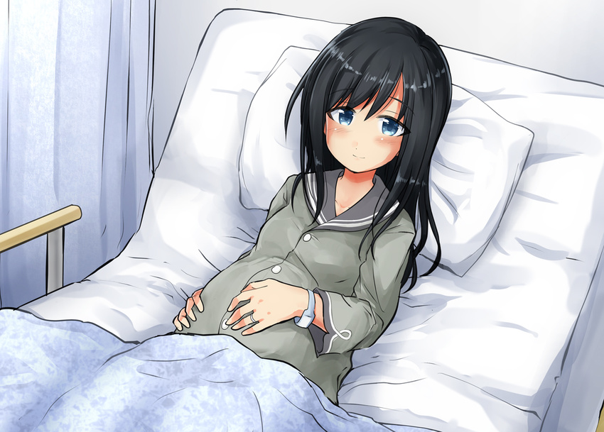 asashio_(kantai_collection) bangs bed black_hair black_sailor_collar blanket blue_eyes blush closed_mouth commentary_request curtains eyebrows_visible_through_hair grey_shirt habara_meguru hands_on_own_stomach hospital_bed jewelry kantai_collection long_hair long_sleeves looking_at_viewer older on_bed pillow pregnant ring sailor_collar shirt smile solo under_covers wedding_band