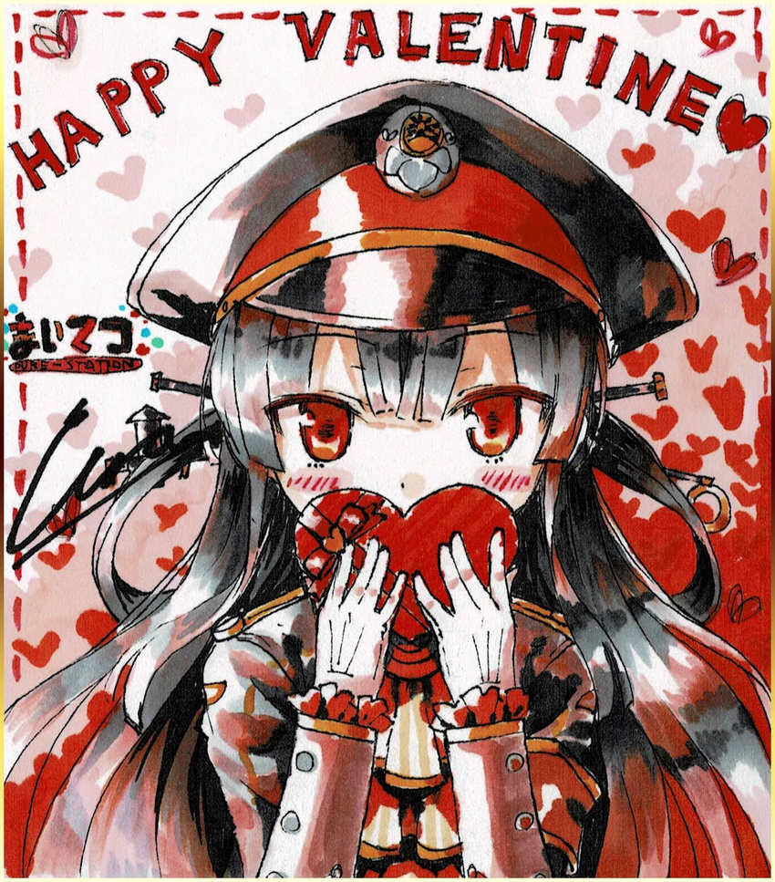bangs black_hair black_hat black_jacket blush box commentary_request cura eyebrows_visible_through_hair gift gift_box gloves hachiroku_(maitetsu) hair_between_eyes hair_ornament hair_rings happy_valentine hat heart heart-shaped_box highres holding holding_gift jacket long_hair long_sleeves looking_at_viewer maitetsu peaked_cap red_eyes shikishi solo valentine very_long_hair white_gloves