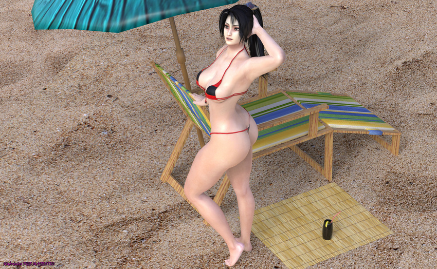 1girl 3d ass bare_legs bare_shoulders barefoot beach bikini black_hair breasts chair feet female hand_behind_head hips kunoichi large_breasts legs long_hair looking_up micro_bikini ninja ponytail sand smile solo soul_calibur soulcalibur_iv swimsuit taki_(soulcalibur) the_majestic thick_thighs thighs thong toes wide_hips