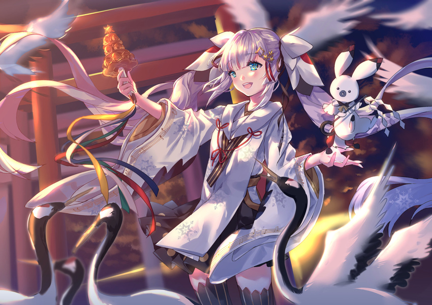 :d absurdres blue_eyes bunny cowboy_shot crane eyebrows_visible_through_hair floating_hair hatsune_miku highres holding long_hair open_mouth outdoors outstretched_arm silver_hair smile standing striped striped_legwear thighhighs torii twintails very_long_hair vocaloid yuki_miku yukine_(vocaloid) yuzhi
