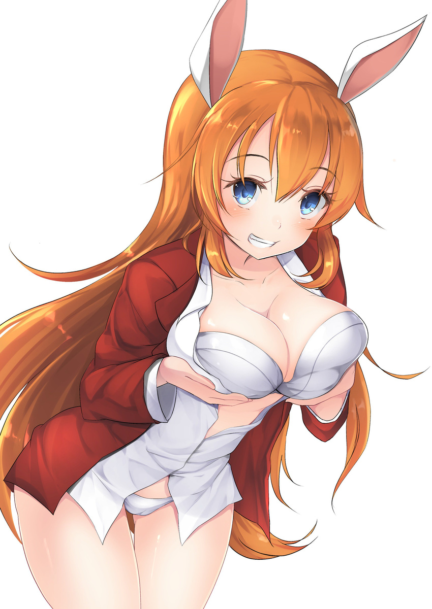 absurdres animal_ears blue_eyes bra breast_hold breasts bunny_ears cameltoe charlotte_e_yeager cleavage eyebrows_visible_through_hair grin highres inu3 large_breasts long_hair looking_at_viewer orange_hair panties smile solo strike_witches underwear white_background world_witches_series