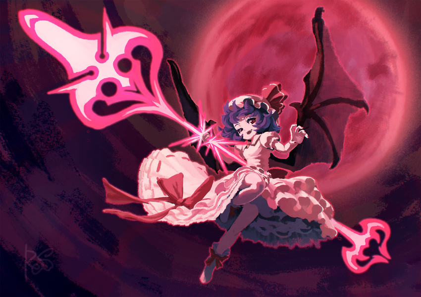 :d bangs bat_wings bow breasts brooch collared_dress dress eyebrows eyelashes fangs fingernails flying frilled_dress frills full_body full_moon hat hat_ribbon highres holding holding_spear holding_weapon jewelry leg_up looking_away mob_cap moon nail_polish night night_sky open_mouth pink_dress pink_hat pink_legwear polearm puffy_short_sleeves puffy_sleeves purple_hair red_bow red_eyes red_moon red_nails red_ribbon reiesu_(reis) remilia_scarlet ribbon ribbon-trimmed_clothes ribbon-trimmed_dress ribbon_trim short_hair short_sleeves signature sky small_breasts smile socks solo spear spear_the_gungnir touhou uneven_eyes weapon wings