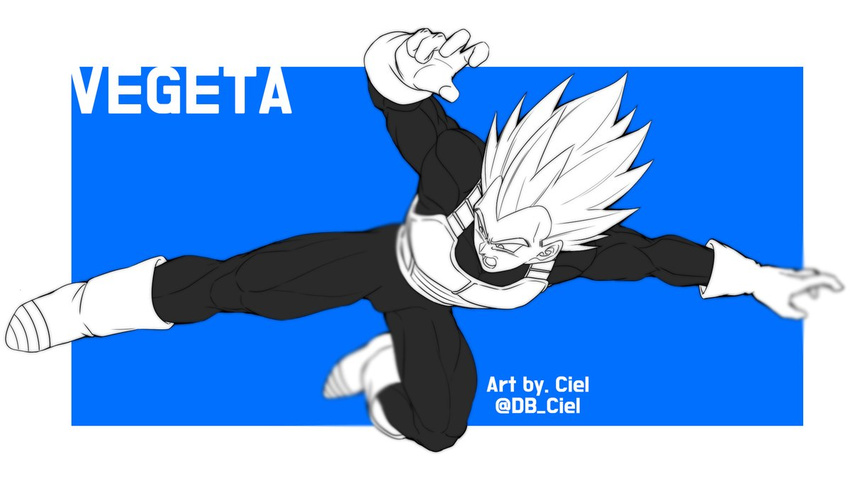 1boy armor artist_name blue_background boots character_name commentary dragon_ball dragonball_z fighting_stance frame frown gloves kicking looking_away male_focus monochrome open_mouth outstretched_arms simple_background spiked_hair twitter_username vegeta white_background