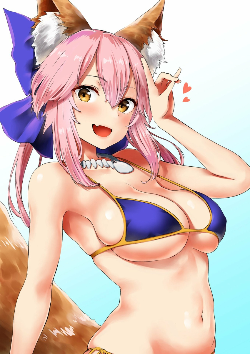 1girl :d arm_up bare_arms bikini bikini_top blue_bikini blue_bow blush breasts cleavage fang fate/grand_order fate_(series) fox_ears fox_girl fox_tail hair_bow heart large_breasts looking_at_viewer navel necklace open_mouth pink_hair pose side-tie_panties skindentation smile solo stomach tamamo_(fate)_(all) tamamo_no_mae_(swimsuit_lancer)_(fate) underboob upper_body yellow_eyes