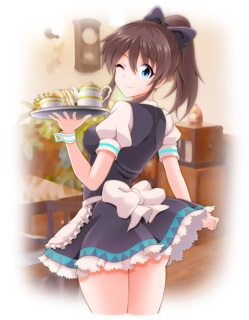 apron ass blue_eyes blush bow breasts brown_hair cup eva_16-gouki from_behind hair_bow highres holding holding_tray idolmaster idolmaster_million_live! looking_back maid maid_apron medium_breasts one_eye_closed open_mouth ponytail satake_minako smile solo teacup teapot tray waitress wrist_cuffs