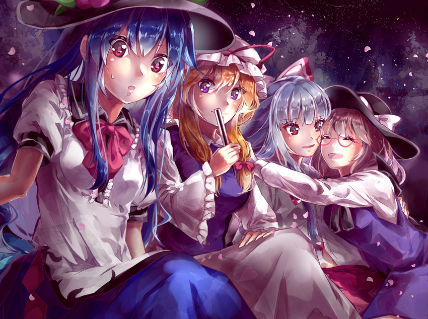 bad_id bad_pixiv_id blonde_hair blue_hair blue_skirt bow bowtie breasts brown_hair closed_eyes commentary_request dress eyebrows_visible_through_hair fan folding_fan food frilled_shirt_collar frills fruit fujiwara_no_mokou hair_bow hat hat_bow hat_ribbon highres hinanawi_tenshi holding holding_fan hug large_breasts leaf long_hair long_sleeves looking_at_viewer mob_cap multiple_girls open_mouth pants parted_lips peach petals puffy_short_sleeves puffy_sleeves purple_eyes red-framed_eyewear red_bow red_eyes red_neckwear red_pants red_ribbon ribbon shirt shometsu-kei_no_teruru short_hair short_sleeves sidelocks silver_hair skirt small_breasts smile tabard touhou usami_sumireko white_bow white_dress white_shirt wide_sleeves yakumo_yukari