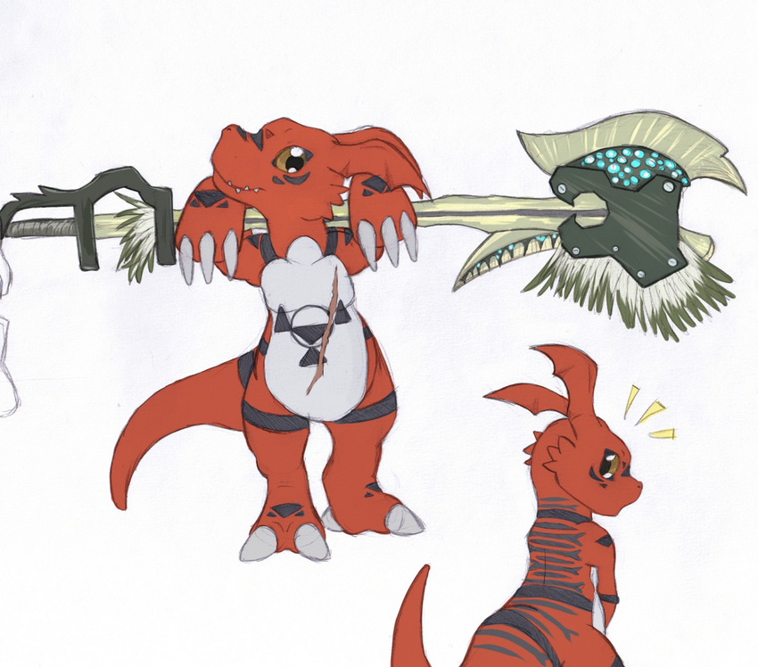ambiguous_gender digimon guilmon holding_object holding_weapon looking_at_viewer melee_weapon pinup pose scalie vitrex weapon