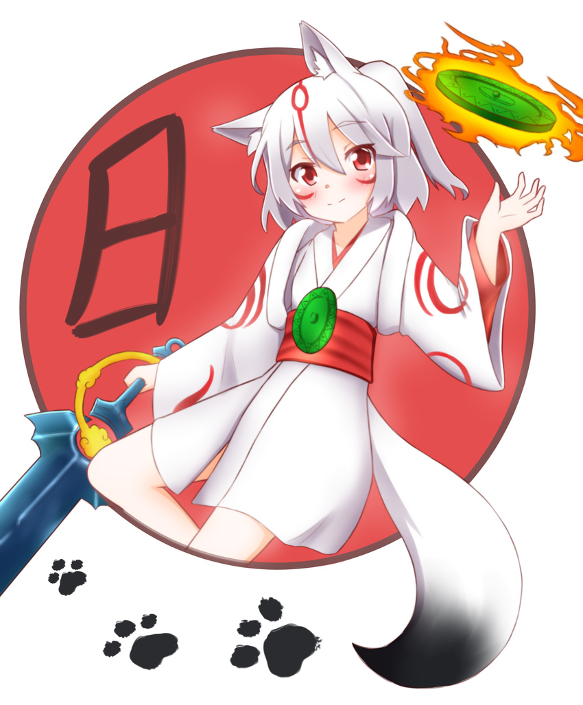 1girl absurdres amaterasu animal_ears bangs blush face_markings face_paint kimono looking_at_viewer paw_print red_eyes short_hair silver_hair silvy smile sword tail two-tone_hair weapon wolf_ears