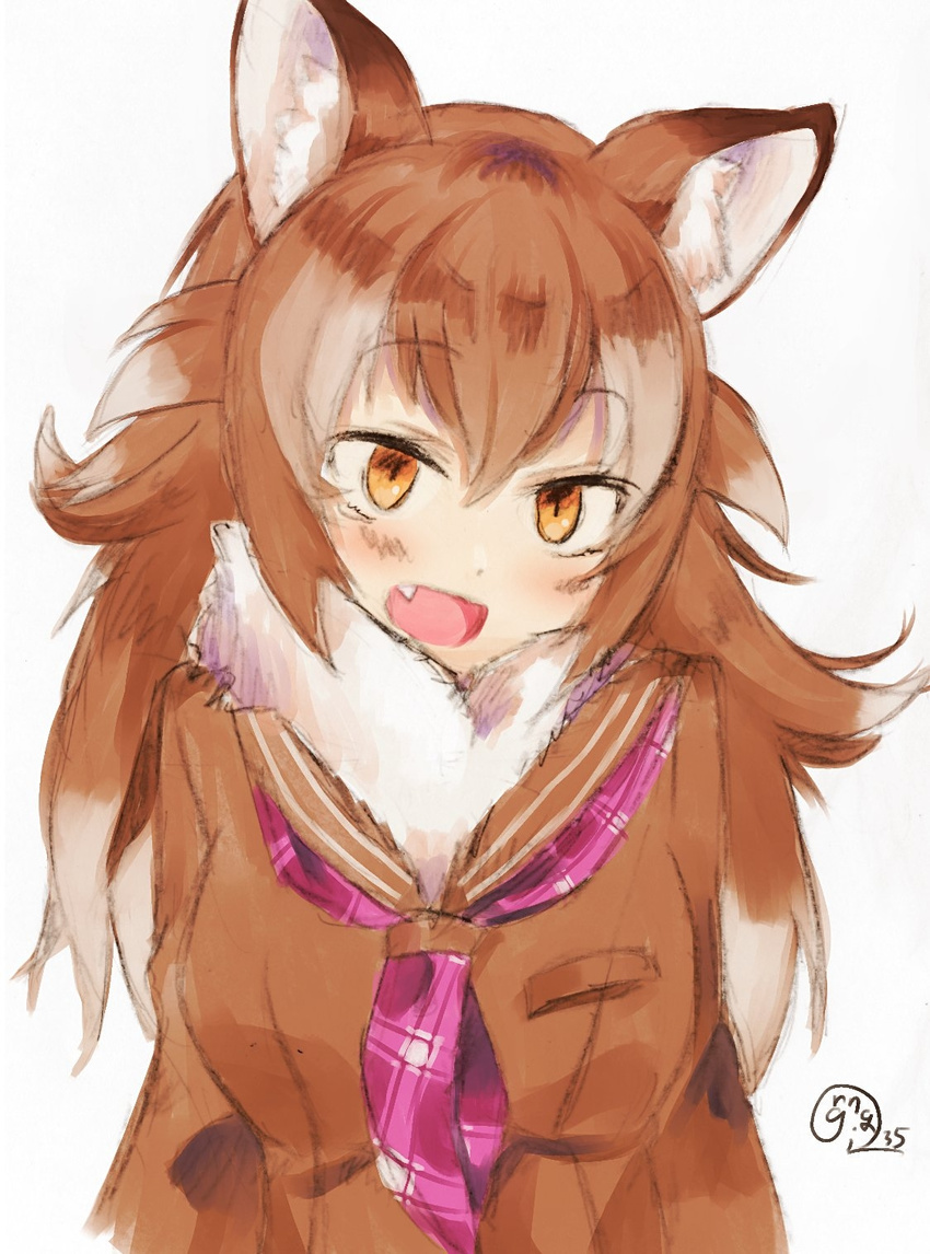 animal_ears aranagi_(arng_4401) blush breast_pocket eyebrows_visible_through_hair fang fur_collar highres japanese_wolf_(kemono_friends) kemono_friends long_hair multicolored_hair neckerchief open_mouth pocket solo wolf_ears wolf_girl