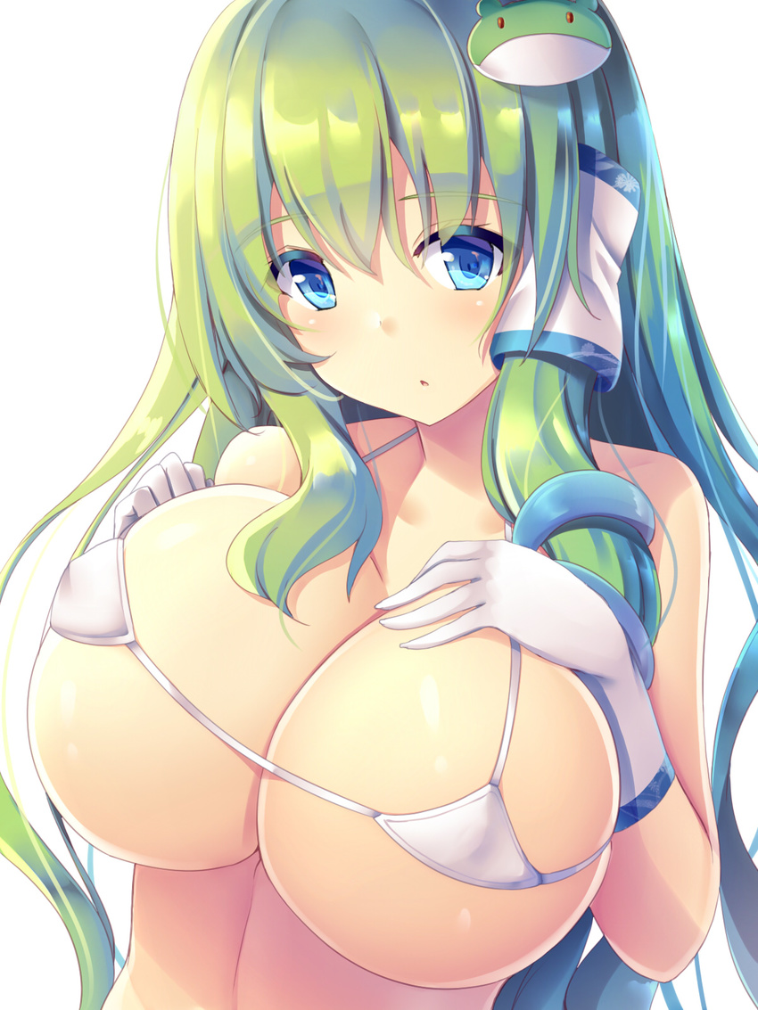 :o bangs bare_arms bare_shoulders bikini bikini_top blue_eyes breasts chestnut_mouth cleavage collarbone commentary_request elbow_gloves eyebrows_visible_through_hair eyelashes frog_hair_ornament gloves green_hair hair_between_eyes hair_ornament hair_tubes hands_on_own_chest hands_up highres huge_breasts kochiya_sanae liya long_hair looking_at_viewer micro_bikini micro_bikini_top open_mouth shiny shiny_skin simple_background skindentation snake_hair_ornament solo strap_gap string_bikini swimsuit touhou underboob upper_body white_background white_gloves