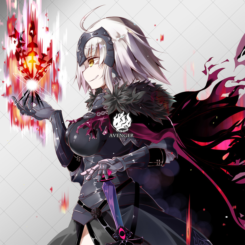ahoge armor armored_dress black_dress breasts chain commentary_request dress fate/grand_order fate_(series) from_side fur_trim gauntlets grey_background grin hand_on_hilt hand_up headpiece highres itotin jeanne_d'arc_(alter)_(fate) jeanne_d'arc_(fate)_(all) large_breasts profile short_hair silver_hair smile solo sword weapon yellow_eyes