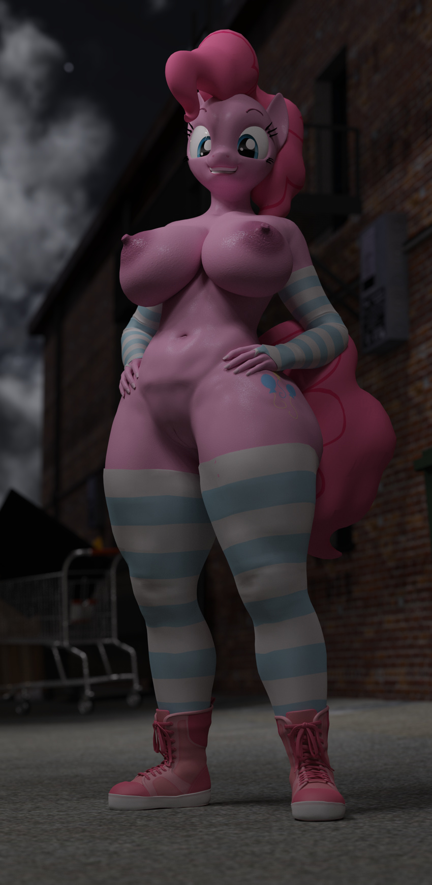 2018 3d_(artwork) alley anthro areola armwear big_breasts blender_(software) blue_eyes blurred_background breasts brick brick_wall building clothing cutie_mark dark digital_media_(artwork) earth_pony elbow_gloves equine erect_nipples eyebrows eyelashes female fingerless_gloves forsaken_(artist) friendship_is_magic full-length_portrait gloves grin hair hand_on_hip hi_res horse legwear looking_at_viewer mammal mostly_nude my_little_pony navel night nipples outside pink_hair pinkie_pie_(mlp) pony portrait pose pussy shadow shopping_cart smile smoke sneakers standing stockings striped_legwear striped_stockings stripes teeth thick_thighs thigh_highs