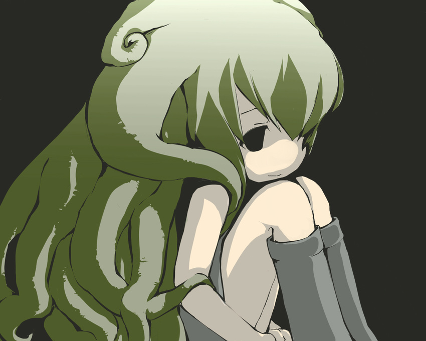 1girl black_eyes child female goma_(mm324) green_hair leg_hug monster_girl original solo tentacle_hair