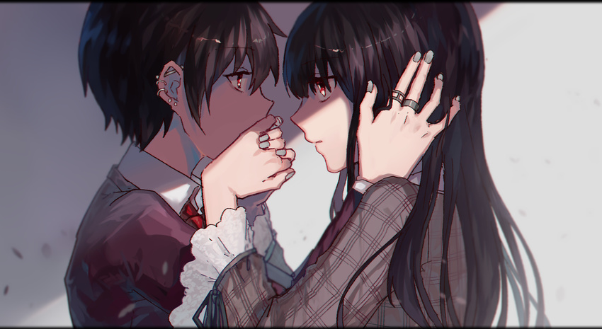 1girl bad_id bad_pixiv_id bangs black_hair commentary_request covering_another's_ear covering_mouth danjou_sora ear_piercing earrings eye_contact fingernails grey_nails grey_shirt hand_over_another's_mouth highres jewelry light long_hair long_sleeves looking_at_another nail_polish original parted_lips piercing plaid plaid_shirt profile red_eyes red_neckwear ring school_uniform shaded_face shirt stud_earrings upper_body wide_sleeves wing_collar