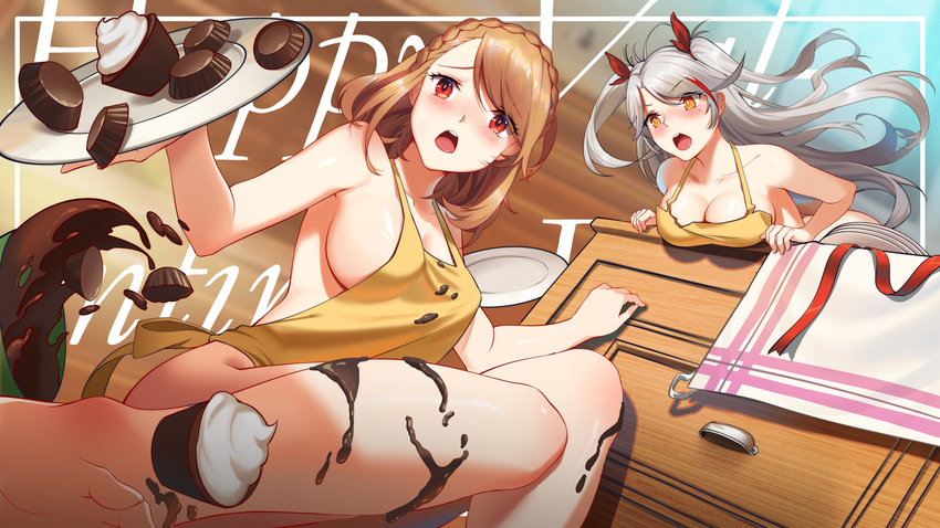 absurdres apron azur_lane bad_id bad_pixiv_id barefoot blonde_hair blush braid breasts chocolate cleavage grey_hair highres large_breasts long_hair maomaozi multiple_girls naked_apron open_mouth plate prince_of_wales_(azur_lane) prinz_eugen_(azur_lane) red_eyes sideboob teeth