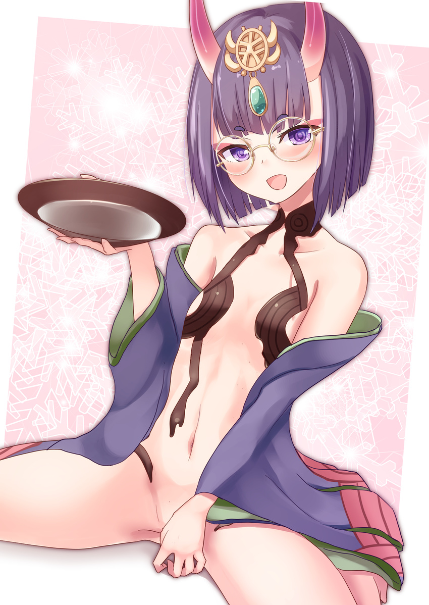 :d alcohol bare_shoulders bespectacled bottomless collarbone covering covering_crotch cup dutch_angle eyeshadow fate/grand_order fate_(series) flat_chest food_as_clothes gem glasses hair_ornament hamalu headpiece highres holding holding_cup japanese_clothes kimono long_sleeves looking_at_viewer makeup navel no_panties off_shoulder oni oni_horns open_clothes open_kimono open_mouth purple_eyes purple_hair purple_kimono round_eyewear sakazuki sake short_hair shuten_douji_(fate/grand_order) sitting smile snowflake_hair_ornament solo spread_legs stomach wariza wide_sleeves yellow-framed_eyewear