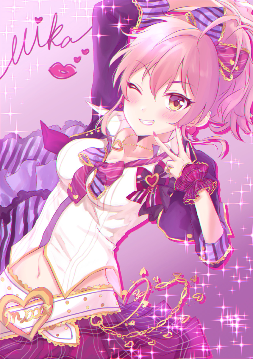 :d anoa arm_up belt blonde_hair blush bow bowtie breasts character_name cleavage cropped_jacket eyebrows_visible_through_hair gradient gradient_background grin hair_bow heart highres idolmaster idolmaster_cinderella_girls idolmaster_cinderella_girls_starlight_stage jacket jewelry jougasaki_mika lips long_hair long_sleeves looking_at_viewer medium_breasts multicolored_bow multicolored_neckwear nail_polish navel open_clothes open_jacket open_mouth pendant pink_background pink_hair pink_nails pink_skirt pinky_ring plaid plaid_skirt ponytail purple_jacket ring shirt skirt sleeves_past_elbows smile solo sparkle striped striped_bow teeth upper_body w white_shirt wrist_cuffs